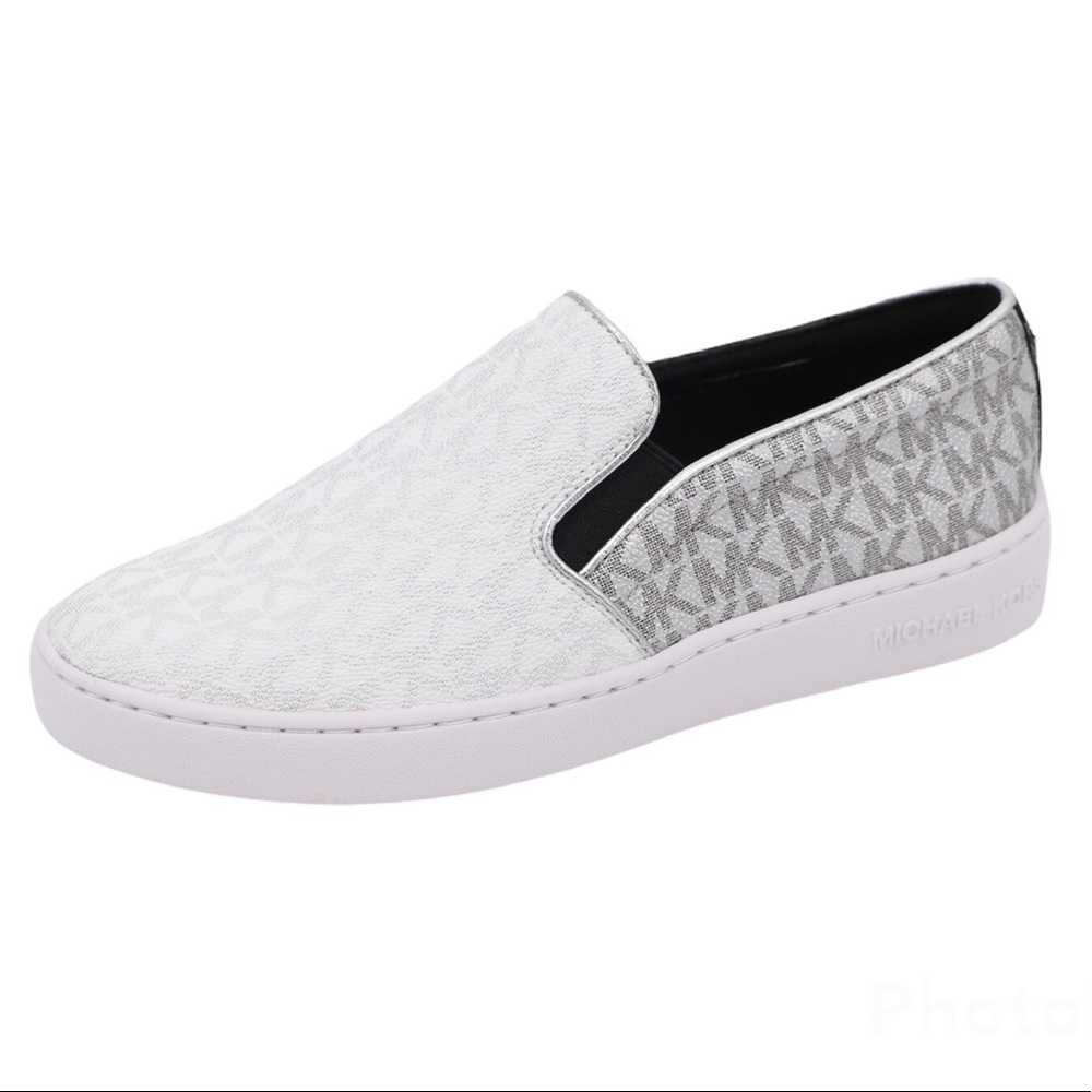 Michael Kors 6 Keaton Signature MK Logo Slip On Sneakers White Silver
